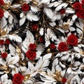 Red White Black Gold Feathers and Rose Flowers Seamless Pattern Beautiful Floral Art Digital Background Design Royalty Free Stock Photo