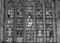 Black and white religious stained glass windows inside Arundel Cathedral