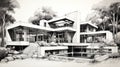 Elegant Modern House Sketch: Vintage Modernism Inspired Pencil Drawing