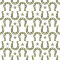 Black and white repeat seamless background pattern of lucky horse and stars for print, wallpaper and textile