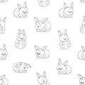 Black white Repeat seamless pattern of rabbits with different emotions for coloring book. Happy unhappy wondered in love and