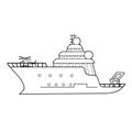 Black white research vessel for sea exploration, expedition ship with helicopter illustration. Can be used for coloring