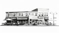 Black And White Restaurant Illustration With Panoramic Streetscape