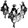Black and white retro fashion women models set with boutique logo background. Hand drawn vector isolated illustration Royalty Free Stock Photo