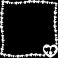 Black and white retro frame of hearts with silhouette of loving couple
