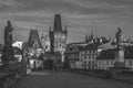 Black white retro photo of Charles Bridge and Prague castel in Prague, Czech Republic - Bohemia Royalty Free Stock Photo