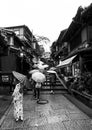 Black and White retro scene Kyoto village.