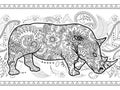 Black and white rhino hand drawn doodle animal paisley adult stress release coloring page zentangle Royalty Free Stock Photo
