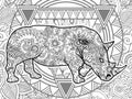 black and white rhino hand drawn doodle animal paisley adult stress release coloring page zentangle Royalty Free Stock Photo