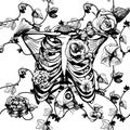 Black and white ribcage with flowers Royalty Free Stock Photo