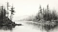 Black And White River And Forest Painting: Detailed Hunting Scenes And Hazy Landscapes