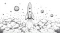 Black and white rocket launch drawing with planets and stars Royalty Free Stock Photo