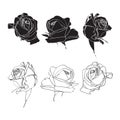 Black and white roses line set isolated on white background. Royalty Free Stock Photo