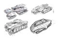 Black Ink Concept Art Drawing of Set of Sci-fi Future Military Tank Designs