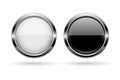 Black and white round buttons. Glass 3d shiny icons with chrome frame Royalty Free Stock Photo