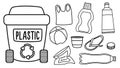 Black and white rubbish bin for plastic waste with different garbage. Waste recycling and sorting concept or coloring page. Vector Royalty Free Stock Photo