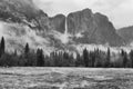 Black and White of Rugged Mountains and a Waterfall