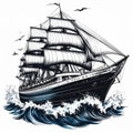 Black And White Sailing Ship Illustration Royalty Free Stock Photo