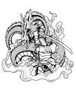 black and white samurai line art tattoo design sketch illustration