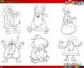 Black and white Santa Claus characters set coloring book page Royalty Free Stock Photo