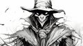 Black And White Scarecrow Coloring Page: Nightcore Style With Wizardcore Elements Royalty Free Stock Photo