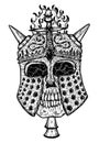 Black and white scary illustration of vector skull wearing knight helm with horns