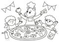 Black and white scene with cook wolf and two boys cooking pizza. Coloring page for Italian cuisine restaurant. Traditional Rome