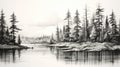 Black And White Scene Drawing: Pine Trees Along Water Royalty Free Stock Photo