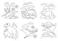 Black and white scenes set with cute dinosaurs. Illustration with dinos playing, flying, running. Funny prehistoric reptiles Royalty Free Stock Photo