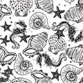 Black and white seahorse, starfish and seashell seamless pattern background