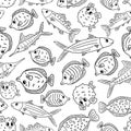 Black white Seamless animal Doodle pattern. Set of isolated outline cartoon vector fish, tang, flounder, tuna, ocean burrfish, sea