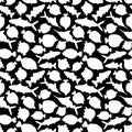 Black white Seamless animal Doodle pattern. Set of isolated outline cartoon vector fish, tang flounder, tuna, ocean burrfish, sea