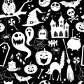 Black and white seamless background abstract pattern for halloween with pumpkin, candy, ghost, spider, bat, witch