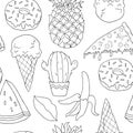 Black and white seamless linear pattern with cactus, ice cream, banana,