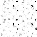 Black white seamless pattern background illustration with lipstick, nail polish, lips, diamond, arrow, star and heart