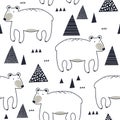 Black and white seamless pattern with bears. Decorative cute background with funny animals
