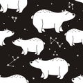 Black and white seamless pattern with white bears, stars, constellations Royalty Free Stock Photo