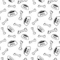 Black and white seamless pattern with bones and dog bowls, doodle background, hand-drawn illustration. Royalty Free Stock Photo