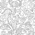 Black and white seamless pattern with cartoon dinosaurs, plants, and flowers for coloring book