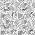 Black and white seamless pattern with croissants, waffles and coffee beans. Contour drawing of baking on a white background.