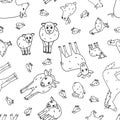 Black white Seamless pattern of cute doodle outline vector cartoon animals at the farm. Sheep, ram, cow, bull, calf, chicken,