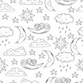 Black and white seamless pattern with cute doodle sun, moon, clouds and stars. Royalty Free Stock Photo