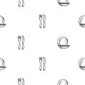 Black and white seamless pattern with cutlery, fork, knife and plates. Vector background for design of kitchen, cafe Royalty Free Stock Photo