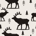 Black and white seamless pattern with deers, fir-trees Royalty Free Stock Photo