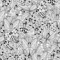 Black and white seamless pattern with doodle butterflies