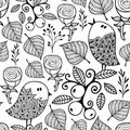 Black and white seamless pattern with doodle nature elements.