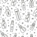 Seamless pattern with serum, ampoule, essence bottles.