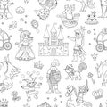 Black and white seamless pattern with fairy tale characters and objects. Outline repeat background with fantasy princess, king, Royalty Free Stock Photo