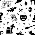 Black And White Seamless Pattern For Halloween With Pumpkin, Candy, Ghost, Spider, Bat, Witch Hat, Cat, Skull, Bones.