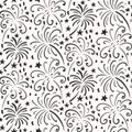 Black and white seamless pattern with hand drawn fireworks. Monochrome holiday vector endless background Royalty Free Stock Photo